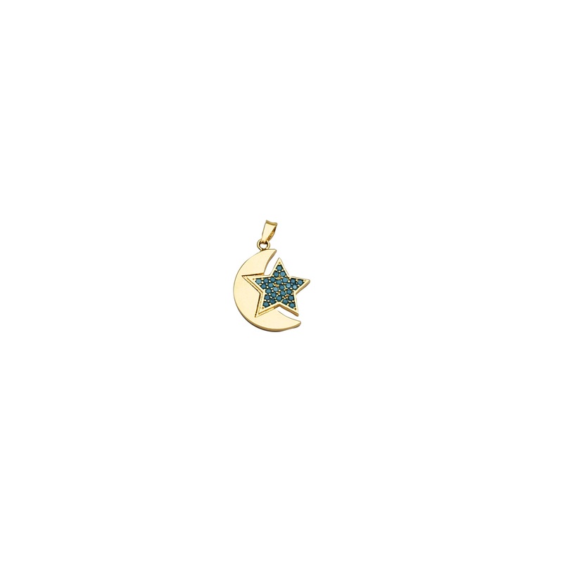 Moon & Blue CZ Star Pendant (14K)