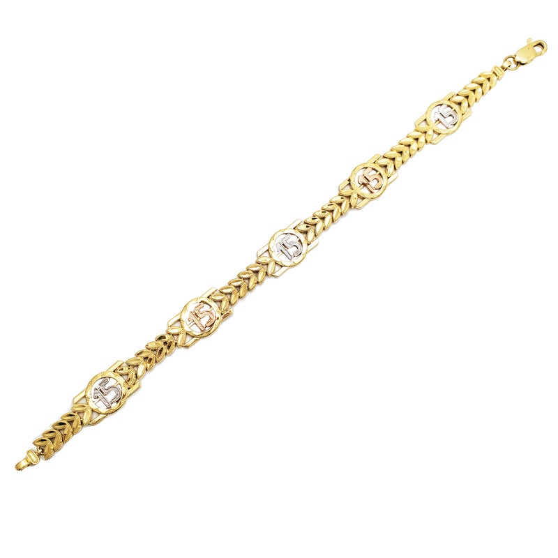Tricolor 15 Quinceeara Leaf Fancy Bracelet (14K)