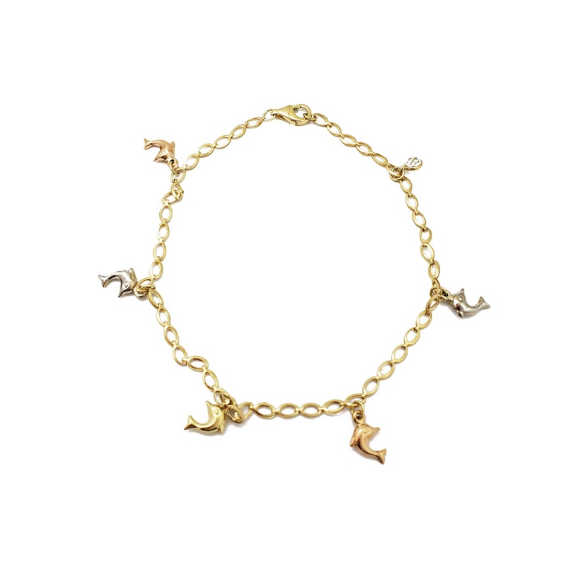 Tricolor Dolphin Charms Anklet (14K)