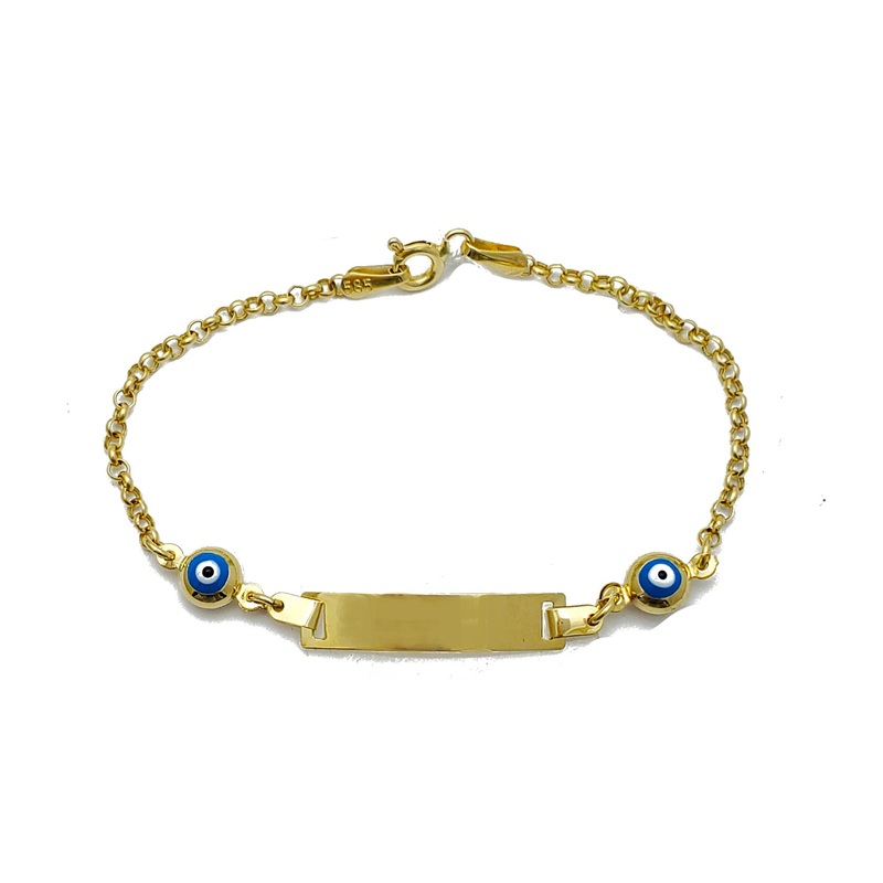 Blue Evil Eye Cuban Baby ID Bracelet (14K).
