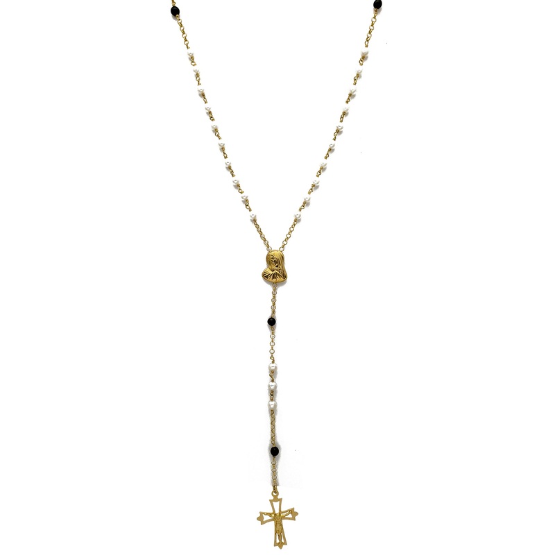 White & Black Beads Rosary Necklace (14K)