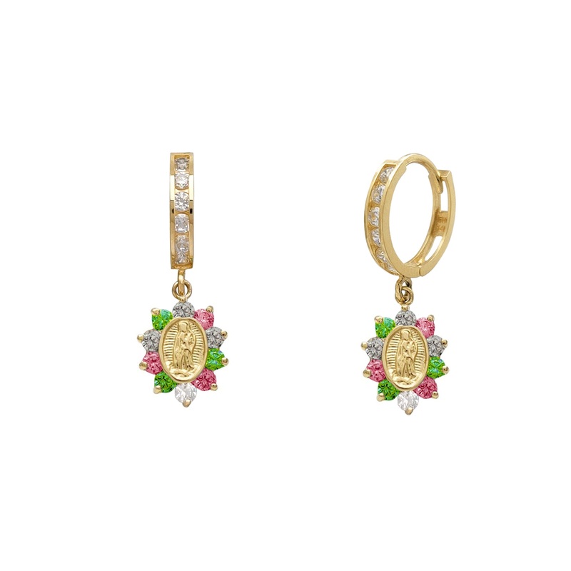 Zirconia Halo Virgin Mary Hanging Earrings (14K)