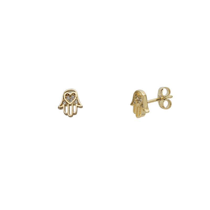 Zirconia Outlined Heart Hamsa Hand Earrings (14K)