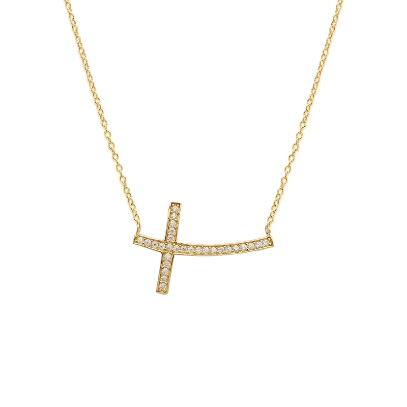 Zirconia Sideways Cross Necklace (14K)
