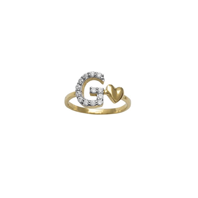 Zirconia Initial Letter "G" & Heart Solitaire Ring (14K)