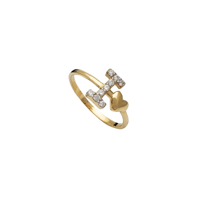 Zirconia Initial Letter "I" & Heart Solitaire Ring (14K)