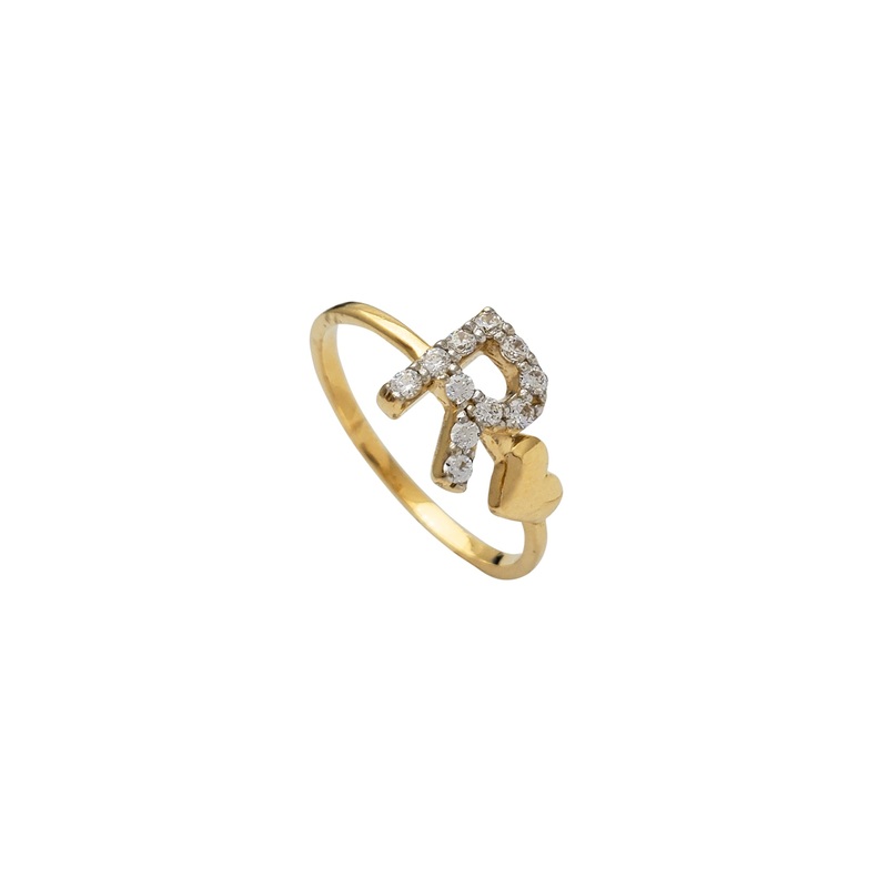 Zirconia Initial Letter "R" & Heart Solitaire Ring (14K)