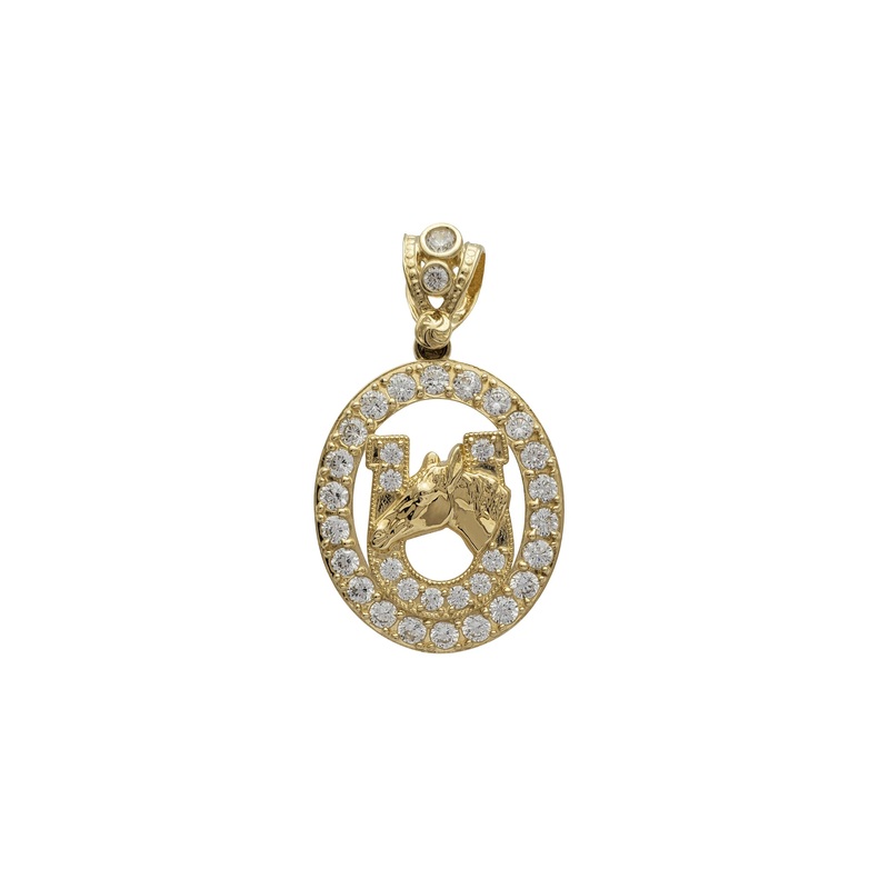 Zirconia Oval Frame Horseshoe Horse Head Pendant (14K)