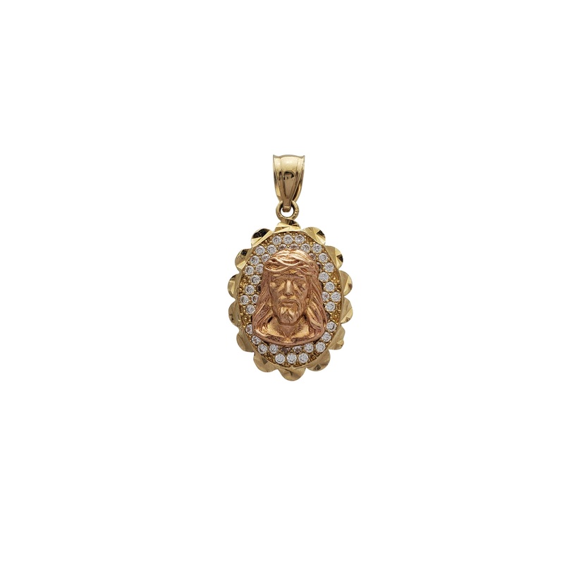 Zirconia Oval Framed Jesus Head Pendant (14K)