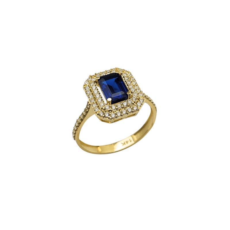 Zirconia Pave 2-Rows Emerald Cut Engagement Ring (14K)