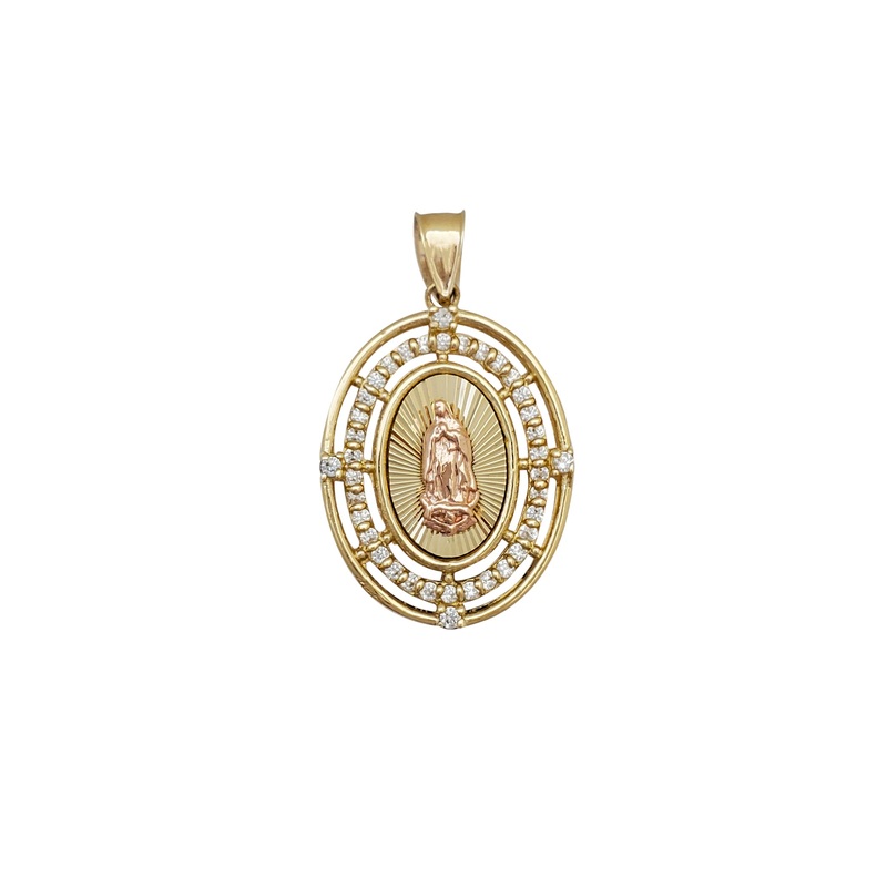 Zirconia Oval Halo Virgin Mary Pendant (14K)