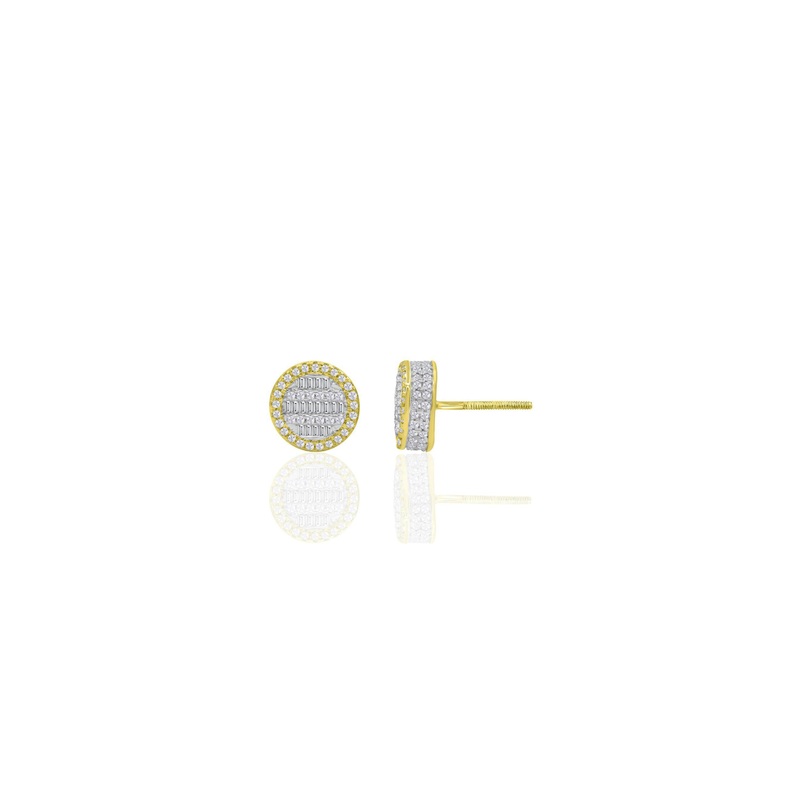 Baguette Diamond Round Stud Earrings (14K)