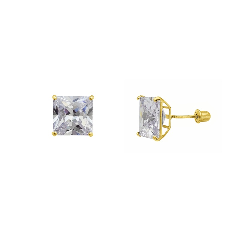 [Screw-back] Zirconia Princess-cut Solitaire Stud Earrings (14K)
