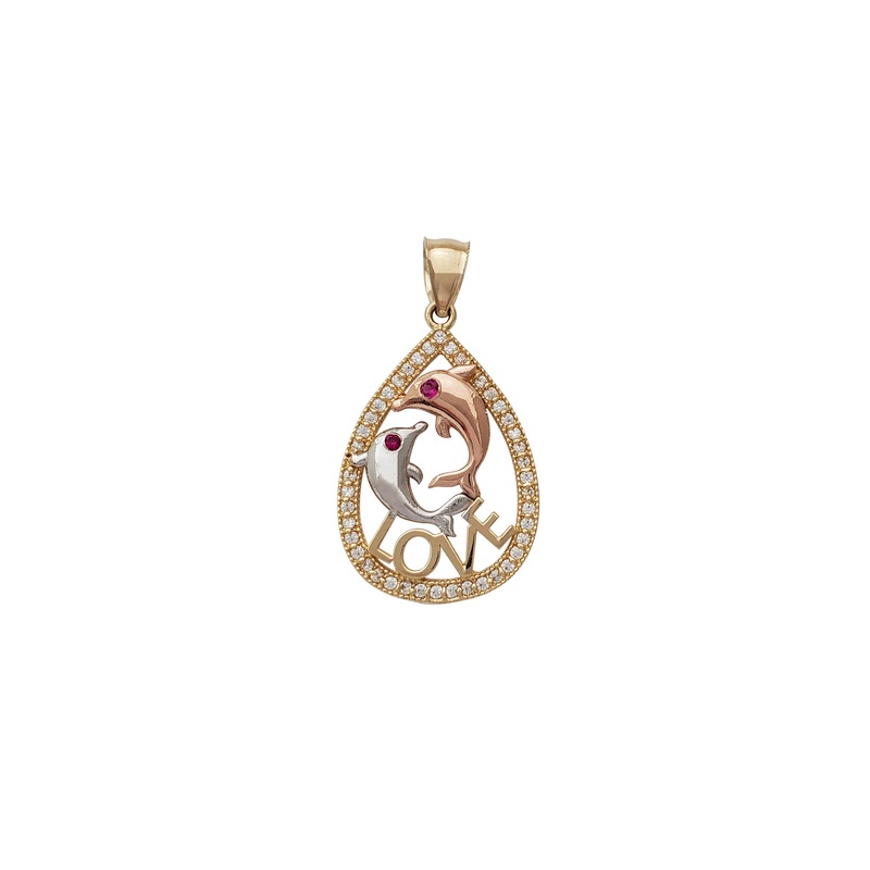 Zirconia Tricolor Dolphin "Love" Pendant (14K)