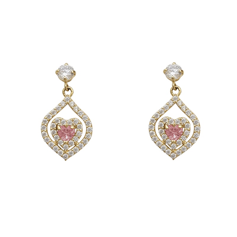 Zirconia Halo Heart Dangling Stud Earrings (14K)