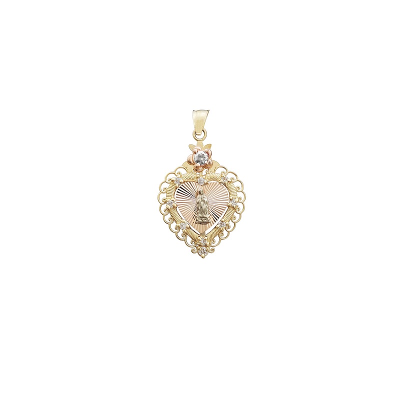 Zirconia Tricolor Radiant Virgin Mary Heart Shape Pendant (14K)
