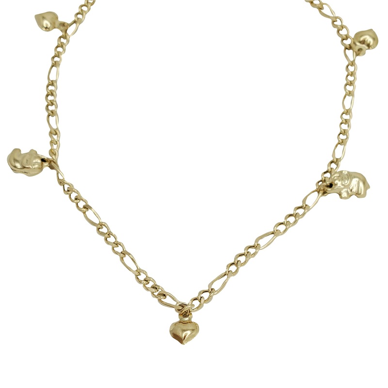Heart & Elephant Charm Ankle Bracelet (14K).