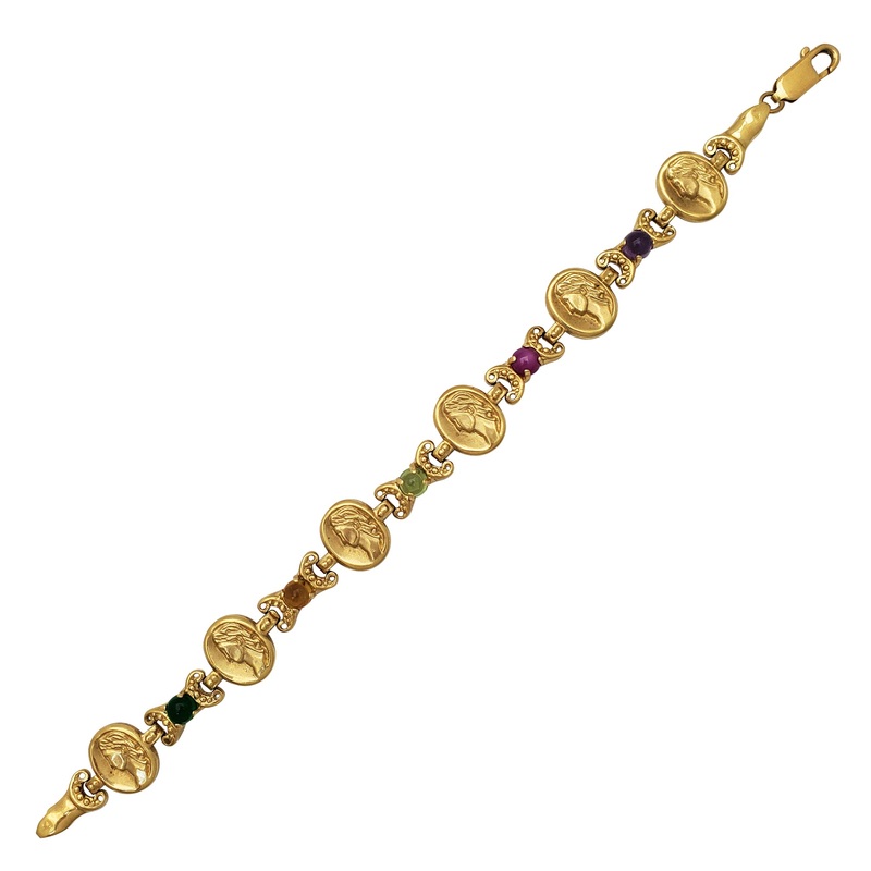 Color-Stone Oval Cameo Textured Bracelet (14K).