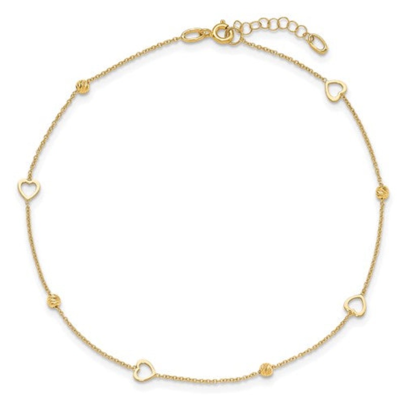 Heart and Diamond Cut Bead Ankle Bracelet (14K).