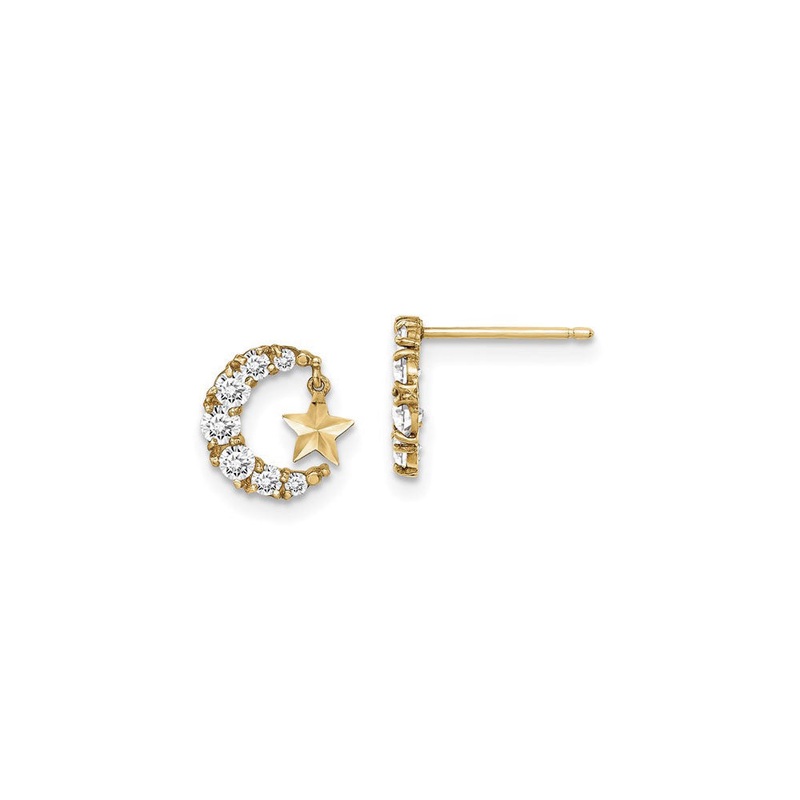 Bejeweled Crescent Moon and Dangling Star Stud Earrings (14K)