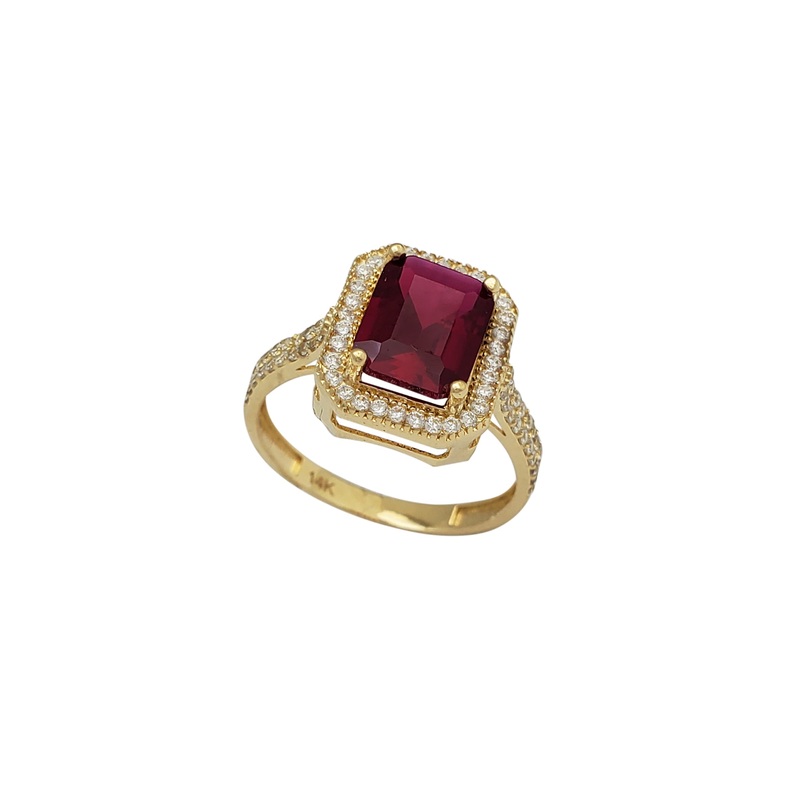 Zirconia Red Emerald-Shape Engagement Lady Ring (14K)