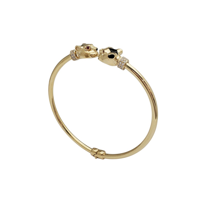 Zirconia Red-Eyes Panther Head Bangle Bracelet (14K)
