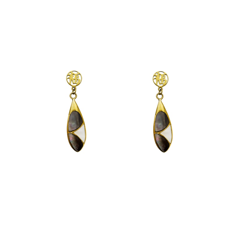 [] Fortune Bless Mother-of-Pearl Dangling Stud Earrings (14K)