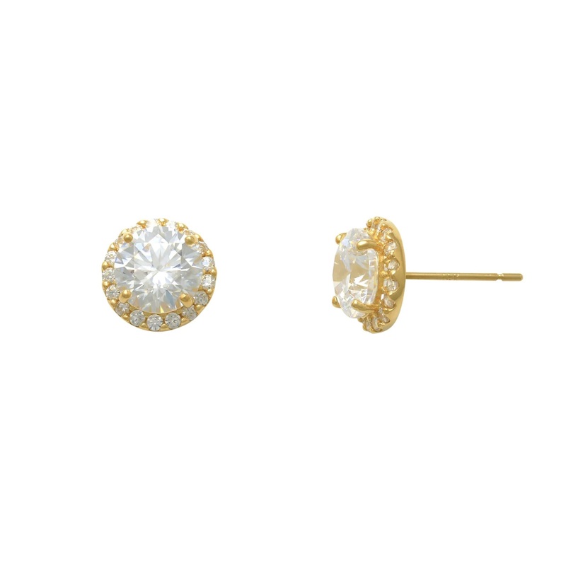 [7 mm] Zirconia Halo Round Stud Earrings (14K)