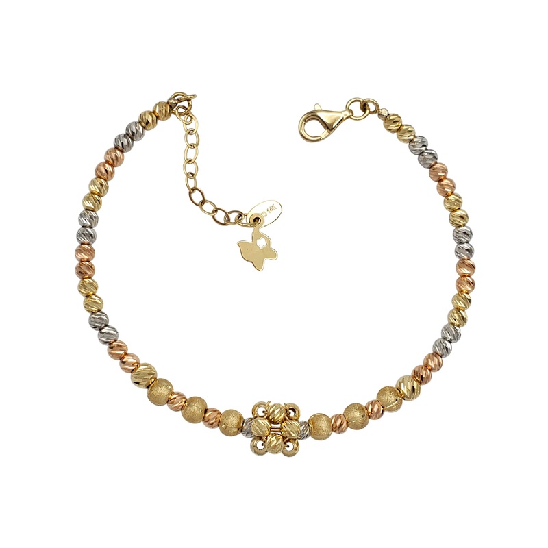 [Adjustable] Tricolor Moon-cuts & Brush-Finish Bangle Bracelet (14K)