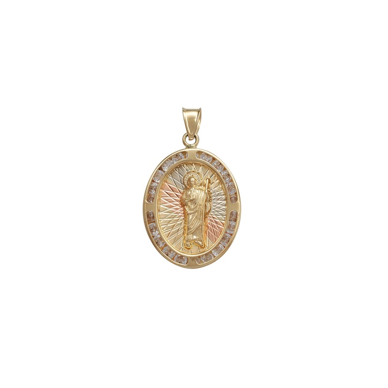 Zirconia Tricolor Regal Round Saint Jude Oval Pendant (14K)