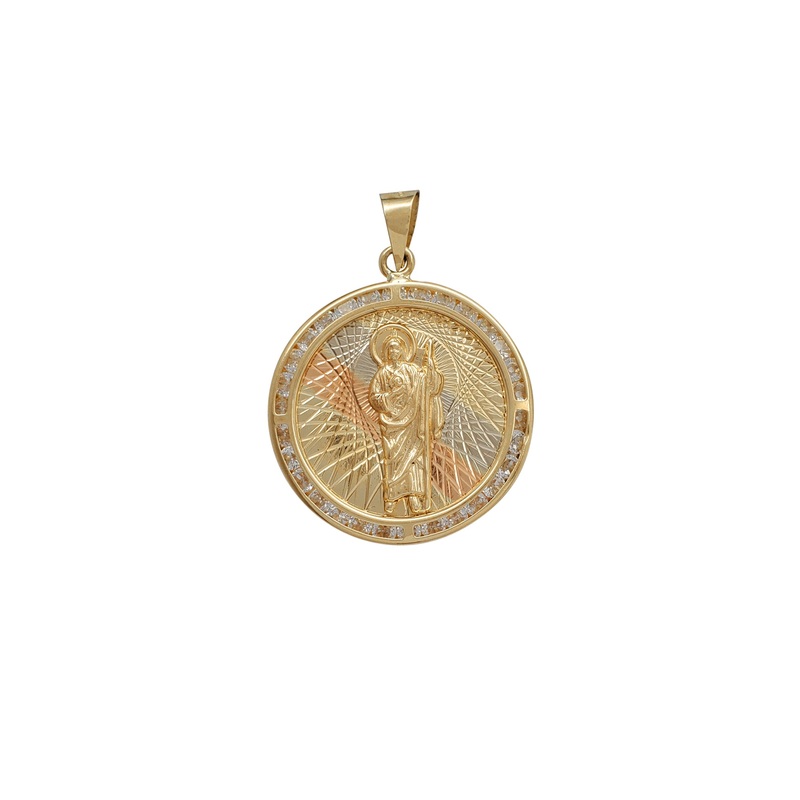 Zirconia Tricolor Regal Round Saint Jude Round Pendant (14K)