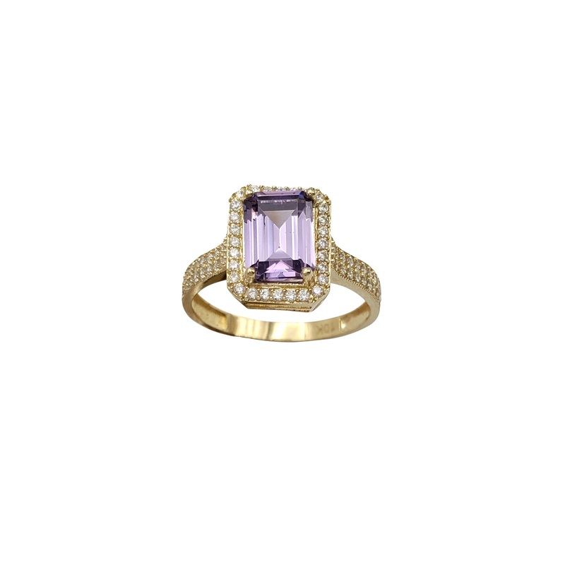 Zirconia Pave Purple Emerald-Shape Engagement Lady Ring (10K)