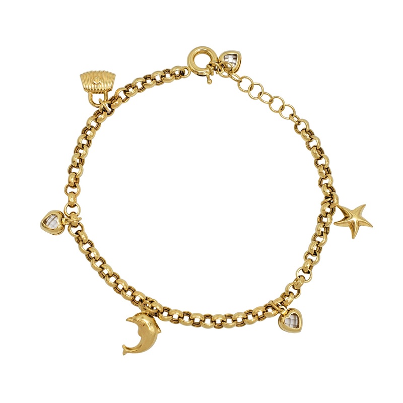 Zirconia Sea Star/Handbag/ Dolphin Rolo Bracelet (14K)