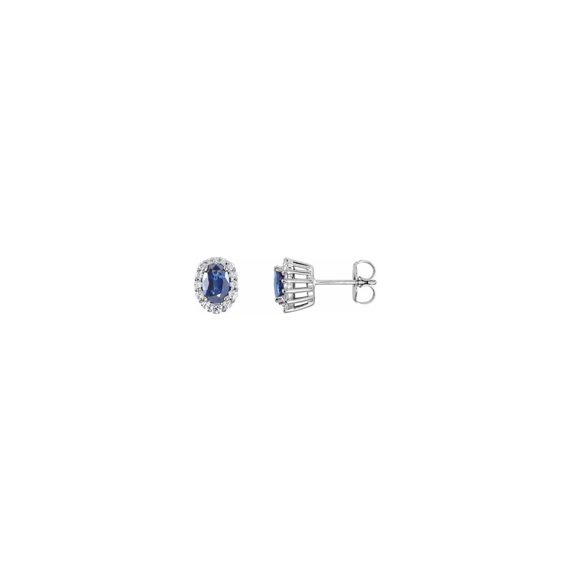 Blue Sapphire and White Diamonds Oval Halo Stud Earrings (14K)