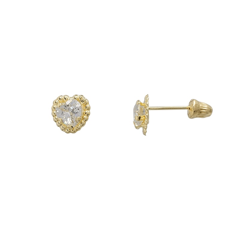 Zirconia Milgrain Solitaire Heart Stud Earrings (14K)
