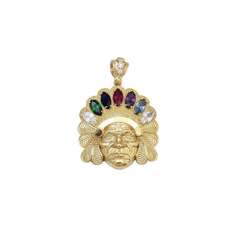Diamond-Cut Indian Chief Head Grain Finish CZ Pendant (10K)