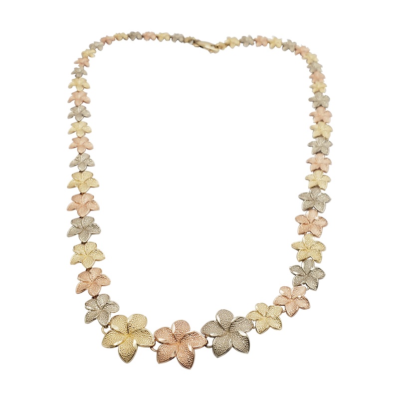 Tricolor Graduated Plumeria Flower Fancy Necklace (14K)