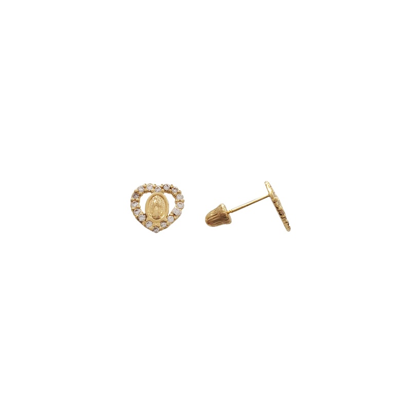 Zirconia Outlined Heart Virgin Mary Stud Earrings (14K)