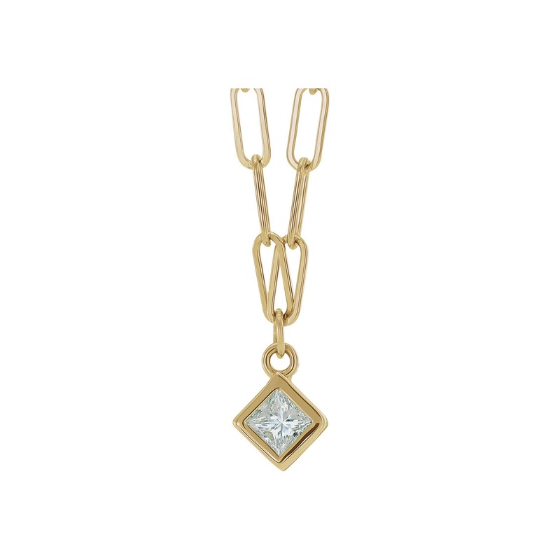 Square Diamond Bezel Solitaire Paperclip Necklace (14K)