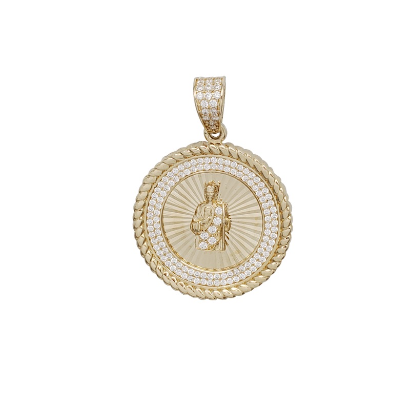 Zirconia Textured Halo Saint Jude Pendant (14K)