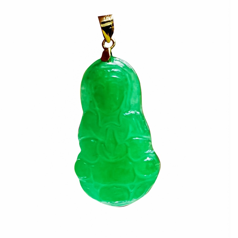 [] God Kwan Yin Green Jade Pendant (14K)