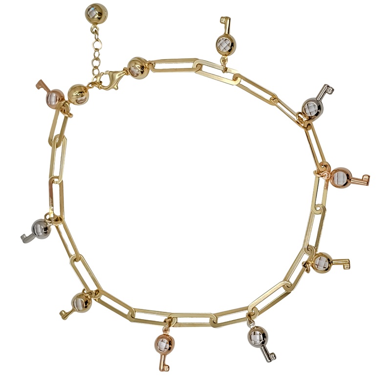 Tri-Tone Key Charms Paper Clip Anklet14K