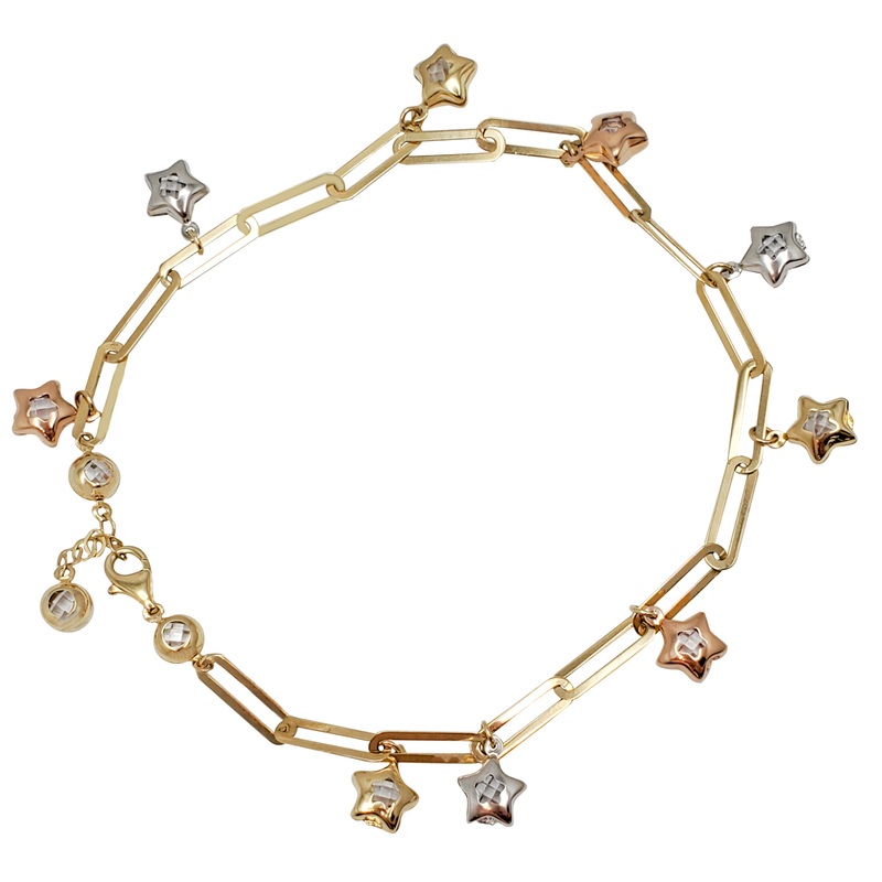 Tri-Tone Star Charms Paper Clip Anklet (14K