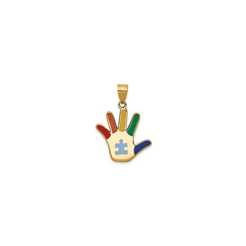 Enameled Autism Puzzle Piece Handprint Pendant (14K)