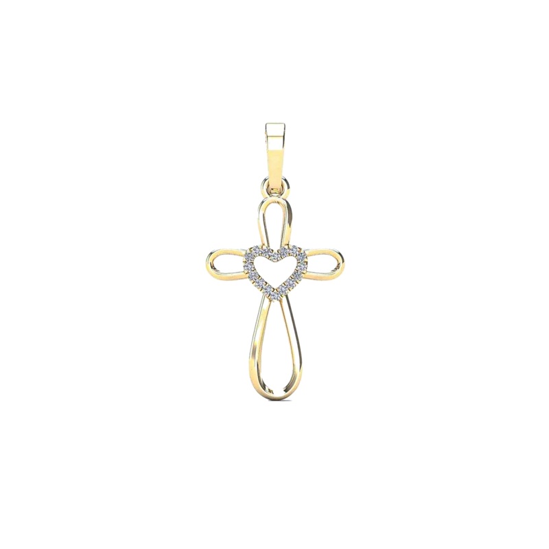 Diamond Heart Outline Cross Pendant (14K)