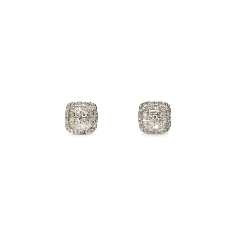 Baguette and Round Diamond Cluster Stud Earrings (14K)