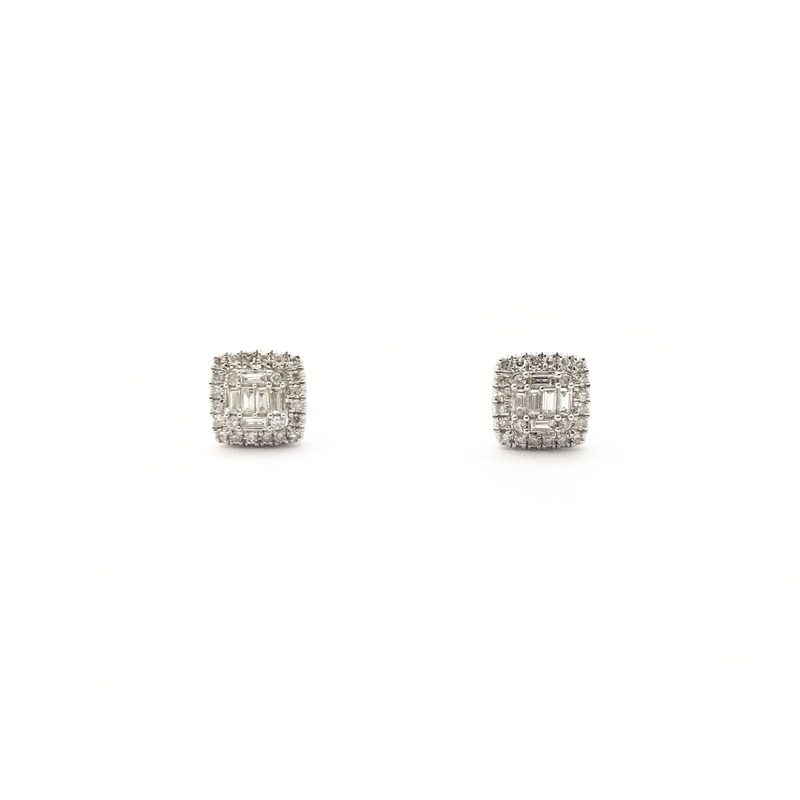 Baguette and Round Diamond Square Stud Earrings (14K)