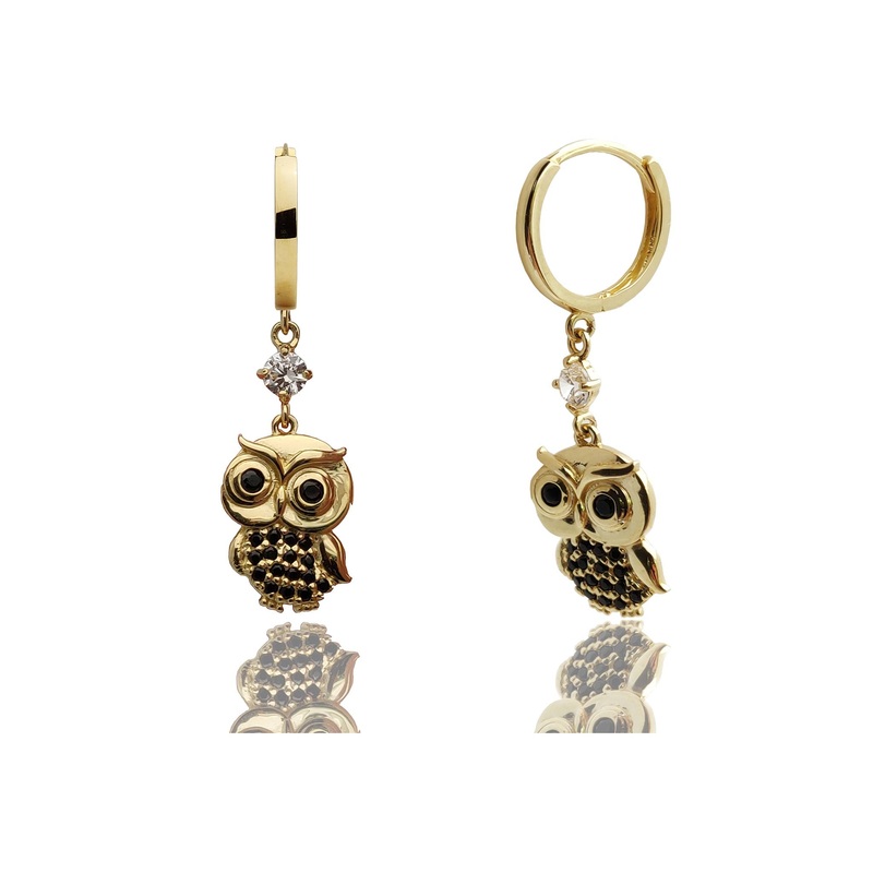 Zirconia Owl Dangling Earrings (14K)