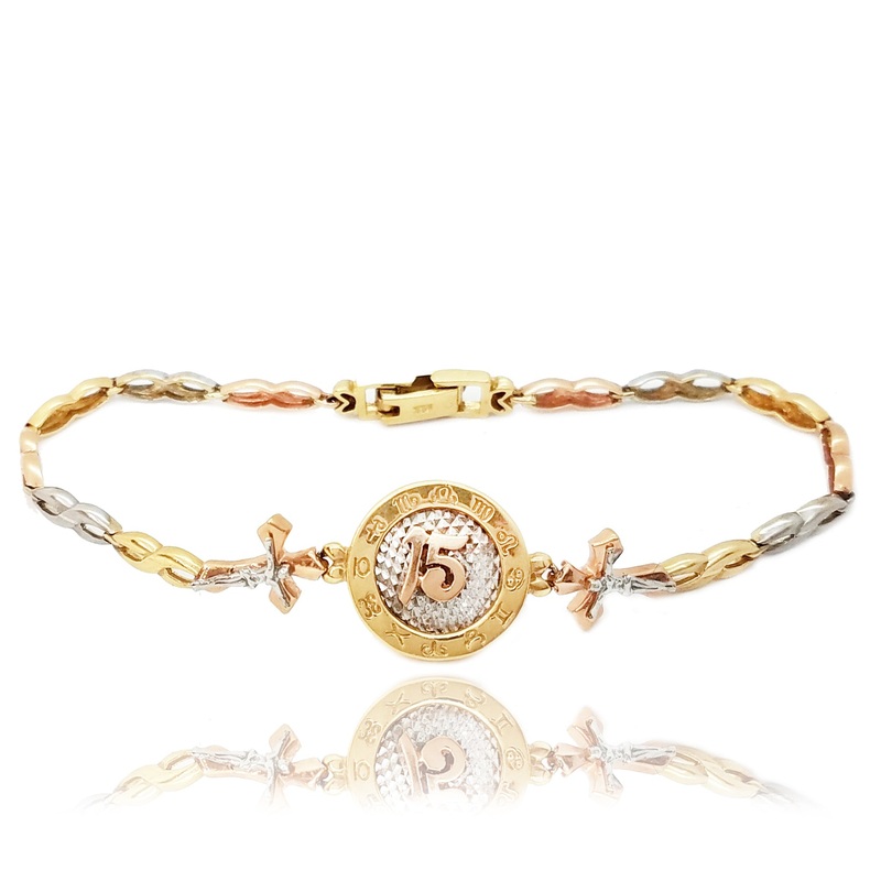 15 Birthday / Quiceaera With Zodiac Symbols Tri-Color Gold Bracelet (14K)