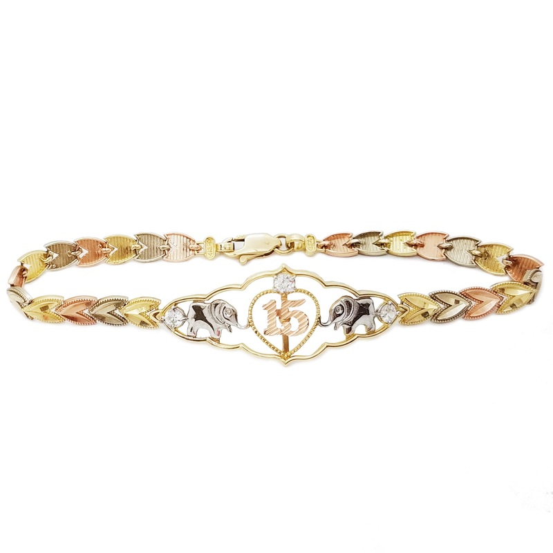 Cubic Zirconia (CZ) 15 Birthday / Quiceaera Tri-Color Gold Bracelet (14K).